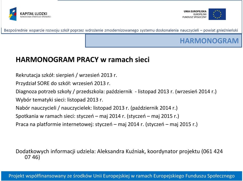 Nabór nauczycieli / nauczycielek: listopad 2013 r. (październik 2014 r.) Spotkania w ramach sieci: styczeń maj 2014 r. (styczeń maj 2015 r.