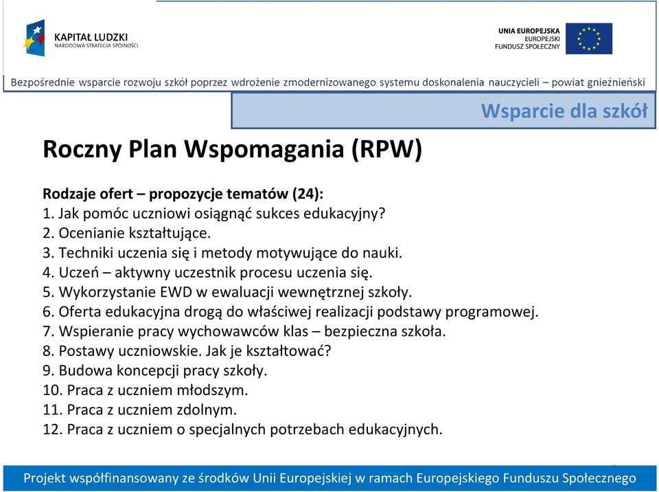 Wykorzystanie EWD w ewaluacji wewnętrznej szkoły. 6. Oferta edukacyjna drogą do właściwej realizacji podstawy programowej. 7.