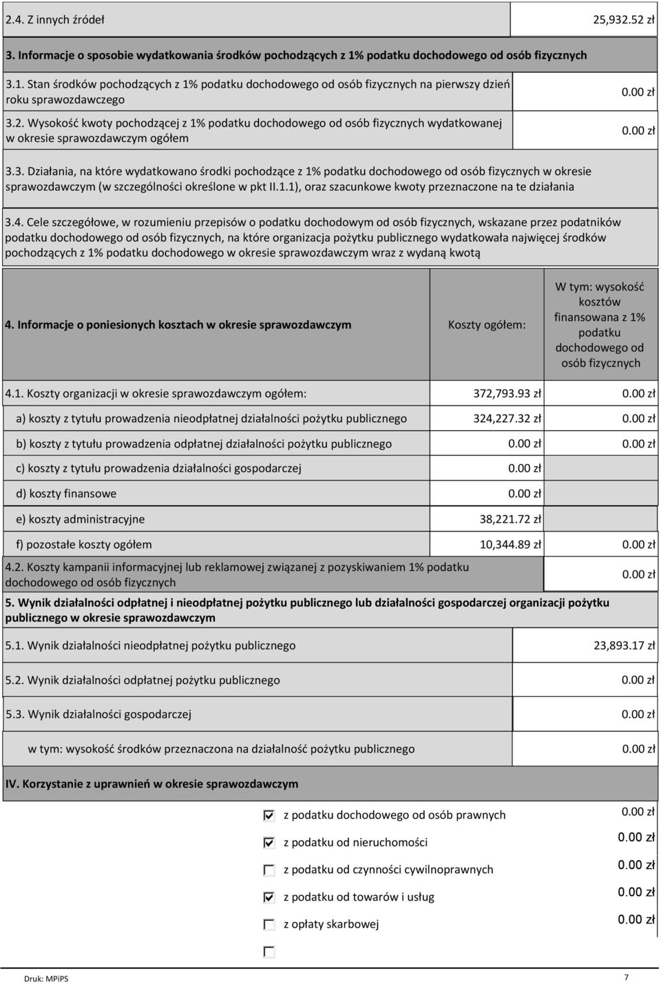 Wysokoњж kwoty pochodz cej z 1% podatku dochodowego od osуb fizycznych wydatkowanej w okresie sprawozdawczym ogуіem 3.