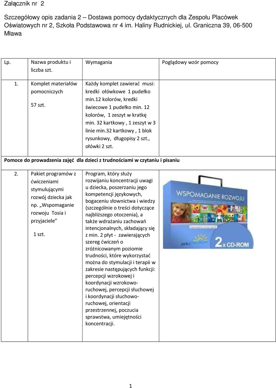 12 kolorów, kredki świecowe 1 pudełko min. 12 kolorów, 1 zeszyt w kratkę min. 32 kartkowy, 1 zeszyt w 3 linie min.32 kartkowy, 1 blok rysunkowy, długopisy 2 szt., ołówki 2 szt.