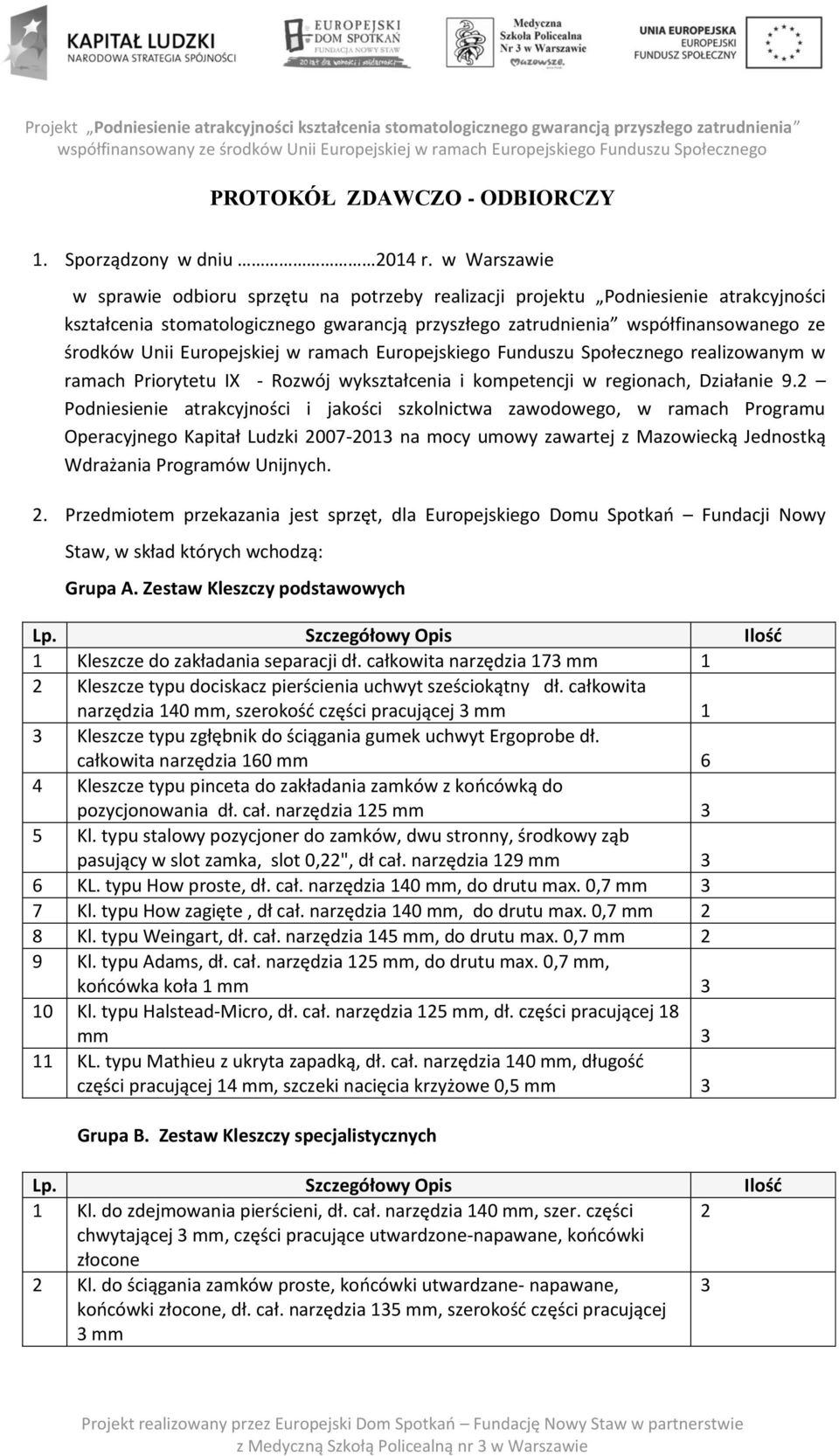 Europejskiej w ramach Europejskiego Funduszu Społecznego realizowanym w ramach Priorytetu IX - Rozwój wykształcenia i kompetencji w regionach, Działanie 9.