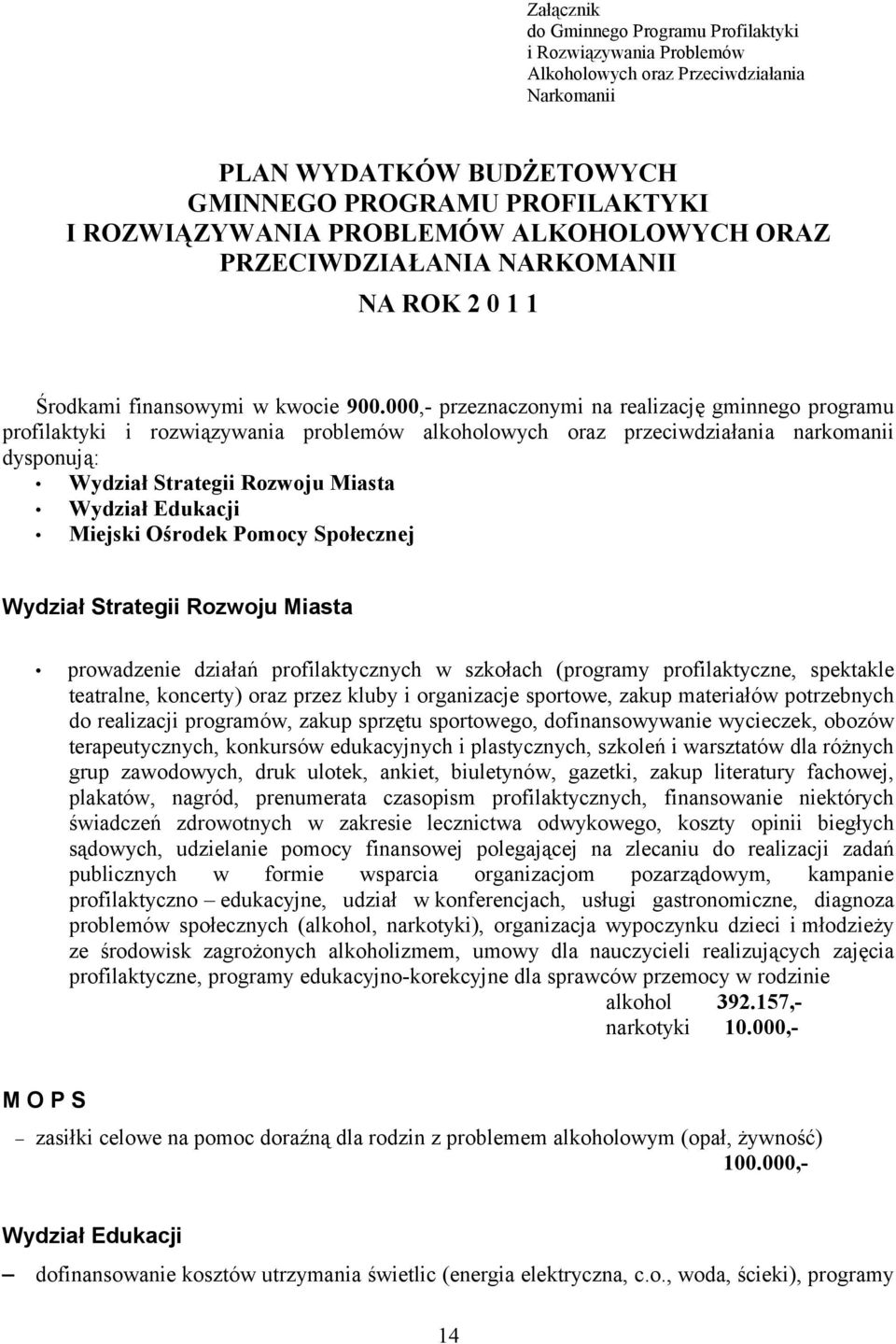 000,- przeznaczonymi na realizację gminnego programu profilaktyki i rozwiązywania problemów alkoholowych oraz przeciwdziałania narkomanii dysponują: Wydział Strategii Rozwoju Miasta Wydział Edukacji