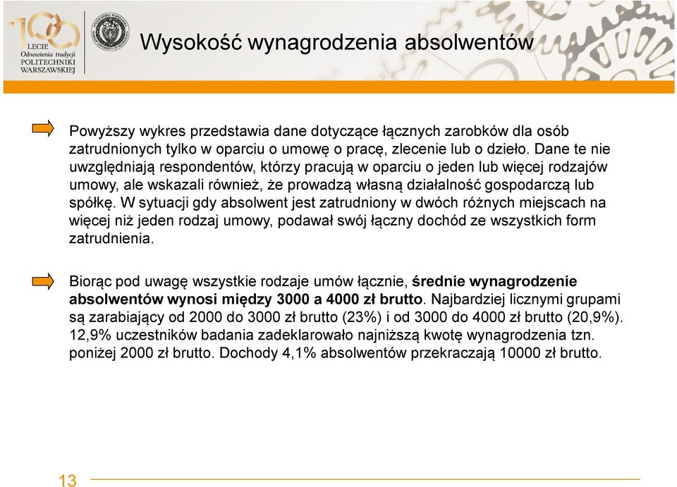 W sytuacji gdy absolwent jest zatrudniony w dwóch różnych miejscach na więcej niż jeden rodzaj umowy, podawał swój łączny dochód ze wszystkich form zatrudnienia.