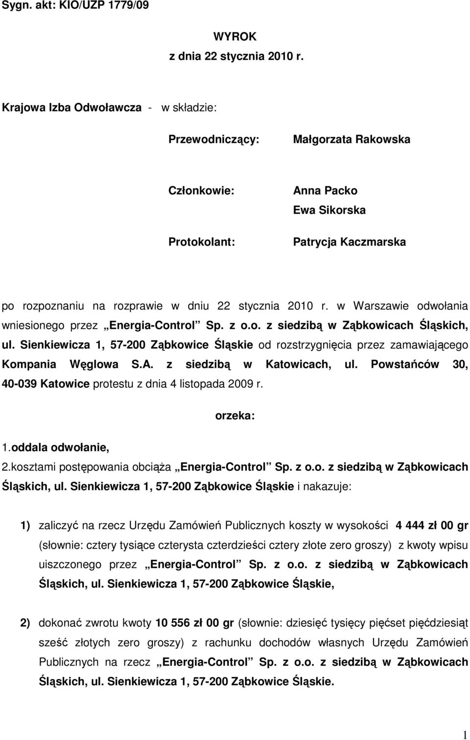 w Warszawie odwołania wniesionego przez Energia-Control Sp. z o.o. z siedzibą w Ząbkowicach Śląskich, ul.