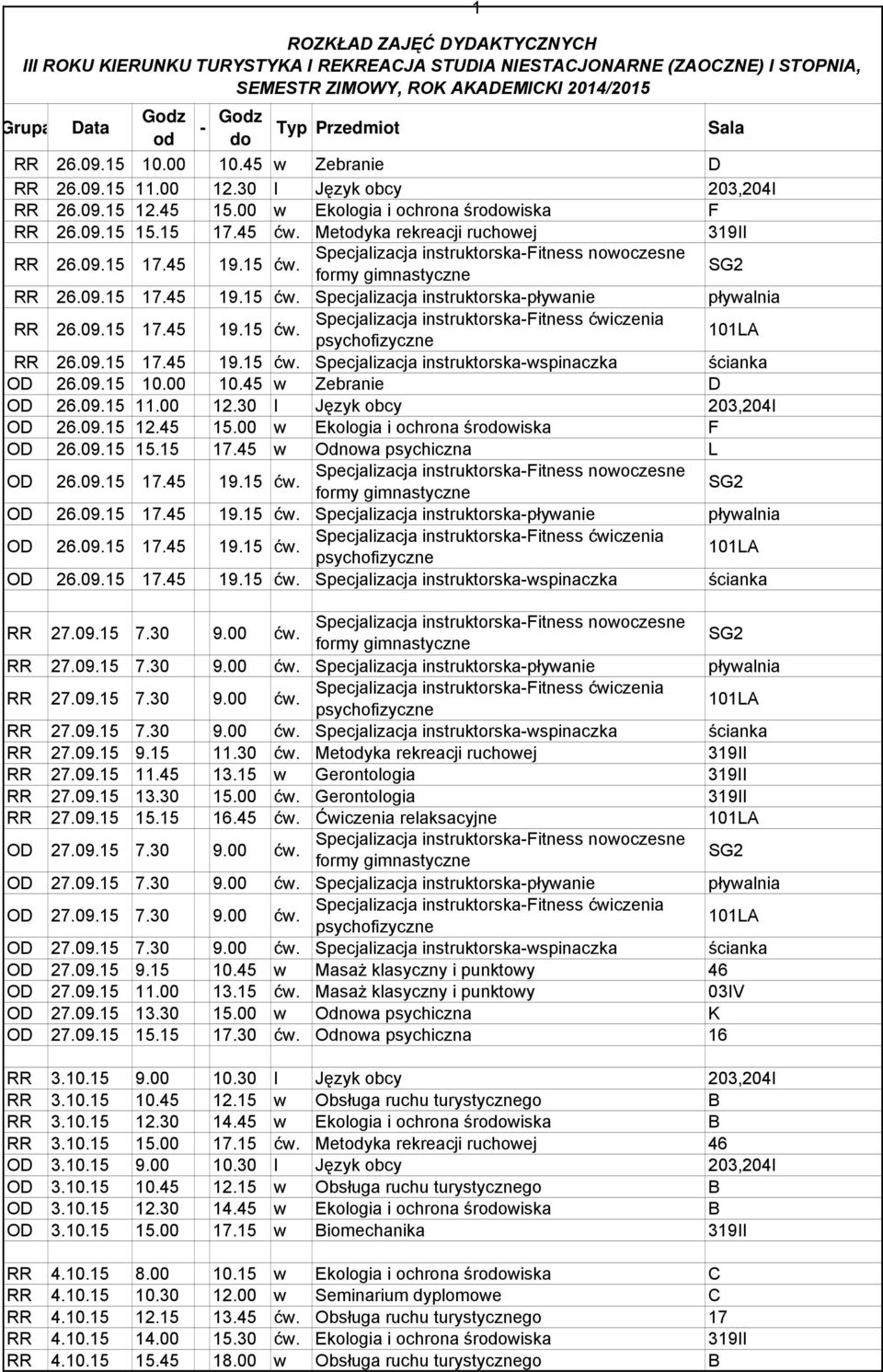 09.15 10.00 10.45 w Zebranie D OD 26.09.15 11.00 12.30 l Język obcy 203,204I OD 26.09.15 12.45 15.00 w Ekologia i ochrona środowiska F OD 26.09.15 15.15 17.45 w Odnowa psychiczna L OD 26.09.15 17.45 19.