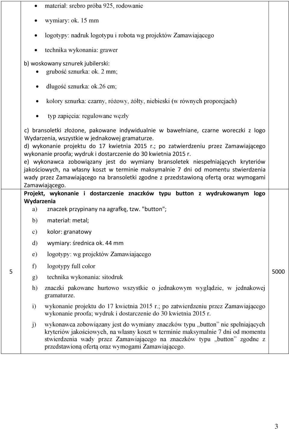 26 cm; kolory sznurka: czarny, różowy, żółty, niebieski (w równych proporcjach) typ zapięcia: regulowane węzły 5 c) bransoletki złożone, pakowane indywidualnie w bawełniane, czarne woreczki z logo