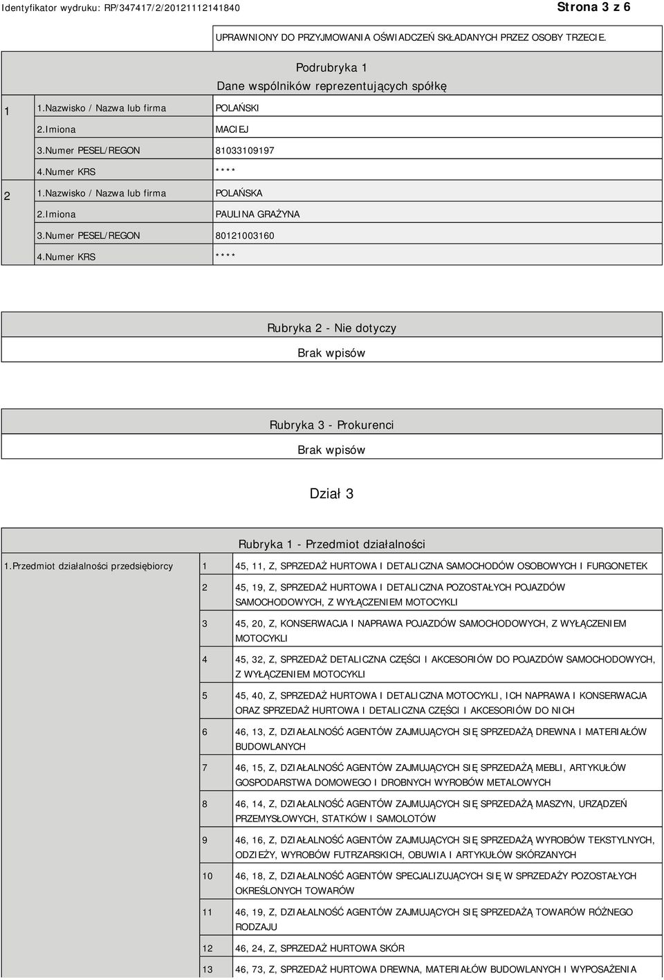 Numer KRS **** Rubryka 2 - Nie dotyczy Rubryka 3 - Prokurenci Dział 3 Rubryka 1 - Przedmiot działalności 1.