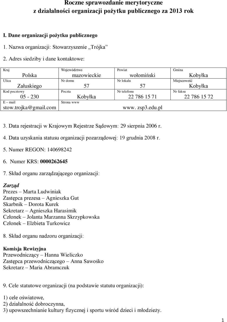 com Województwo Nr domu Poczta Strona www mazowieckie 57 Kobyłka Powiat Nr lokalu wołomiński 57 Nr telefonu 22 786 15 71 www. zsp3.edu.pl Gmina Miejscowość Kobyłka Kobyłka Nr faksu 22 786 15 72 3.