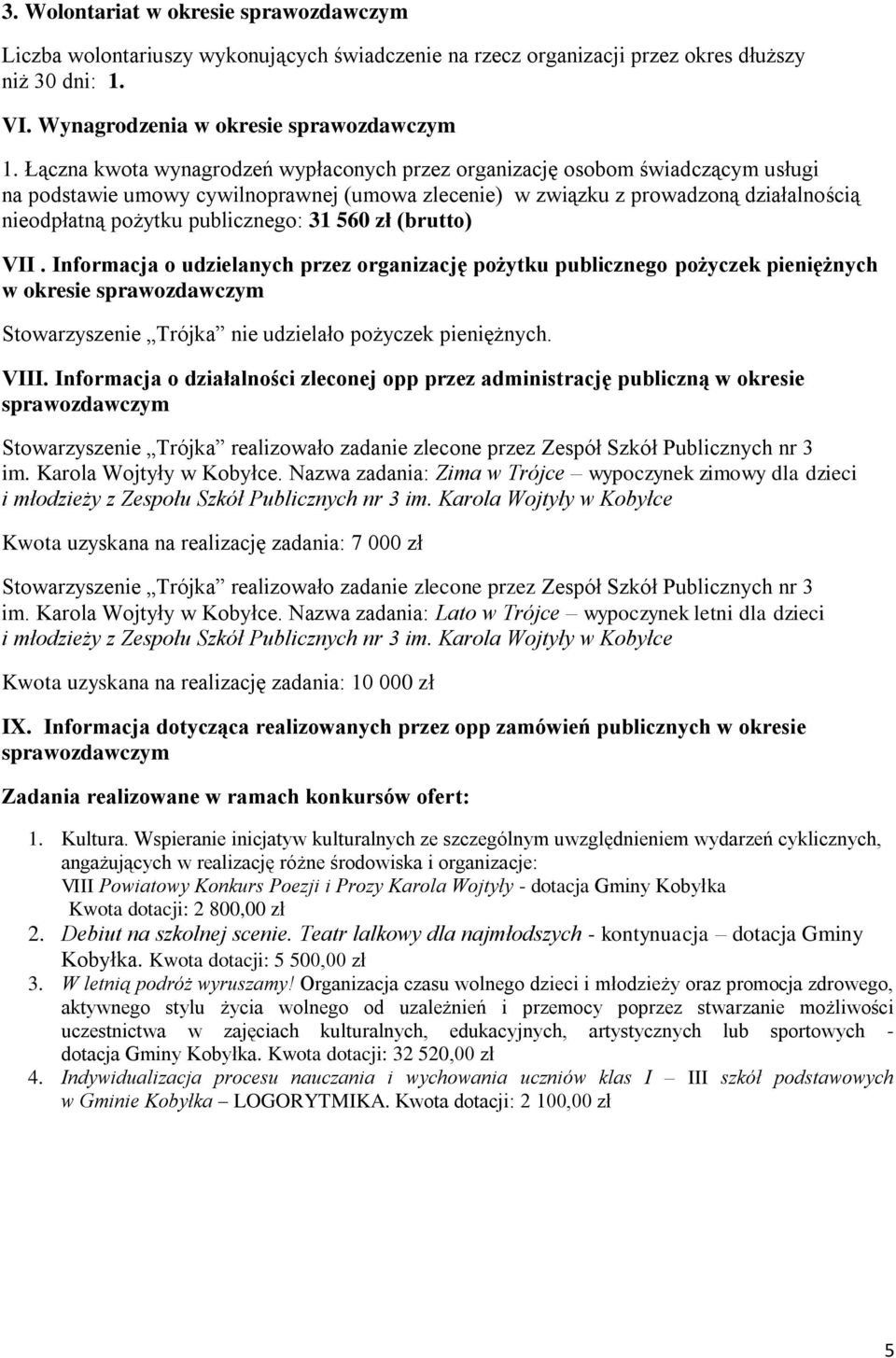 publicznego: 31 560 zł (brutto) VII. Informacja o udzielanych przez organizację pożytku publicznego pożyczek pieniężnych w okresie Stowarzyszenie Trójka nie udzielało pożyczek pieniężnych. VIII.