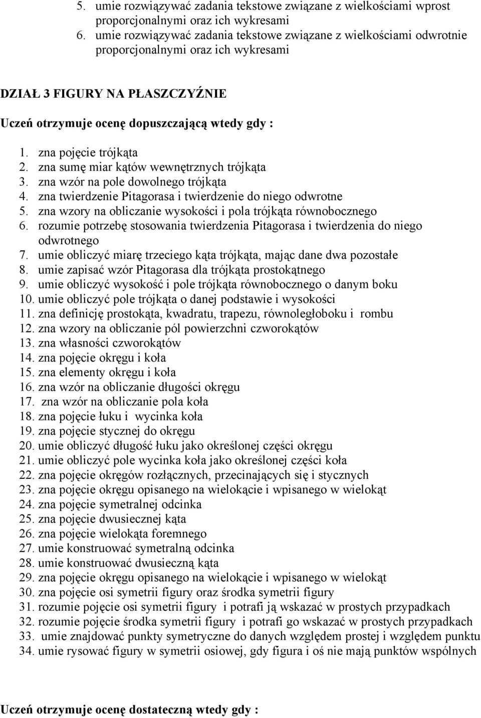 zna pojęcie trójkąta 2. zna sumę miar kątów wewnętrznych trójkąta 3. zna wzór na pole dowolnego trójkąta 4. zna twierdzenie Pitagorasa i twierdzenie do niego odwrotne 5.