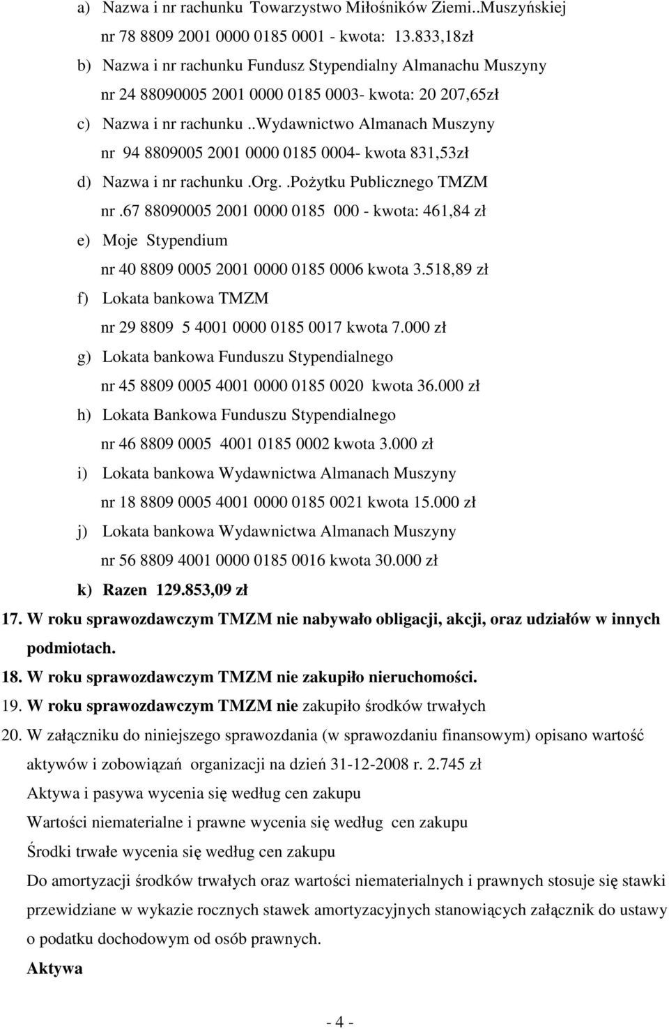 .wydawnictwo Almanach Muszyny nr 94 8809005 2001 0000 0185 0004- kwota 831,53zł d) Nazwa i nr rachunku.org..poŝytku Publicznego TMZM nr.