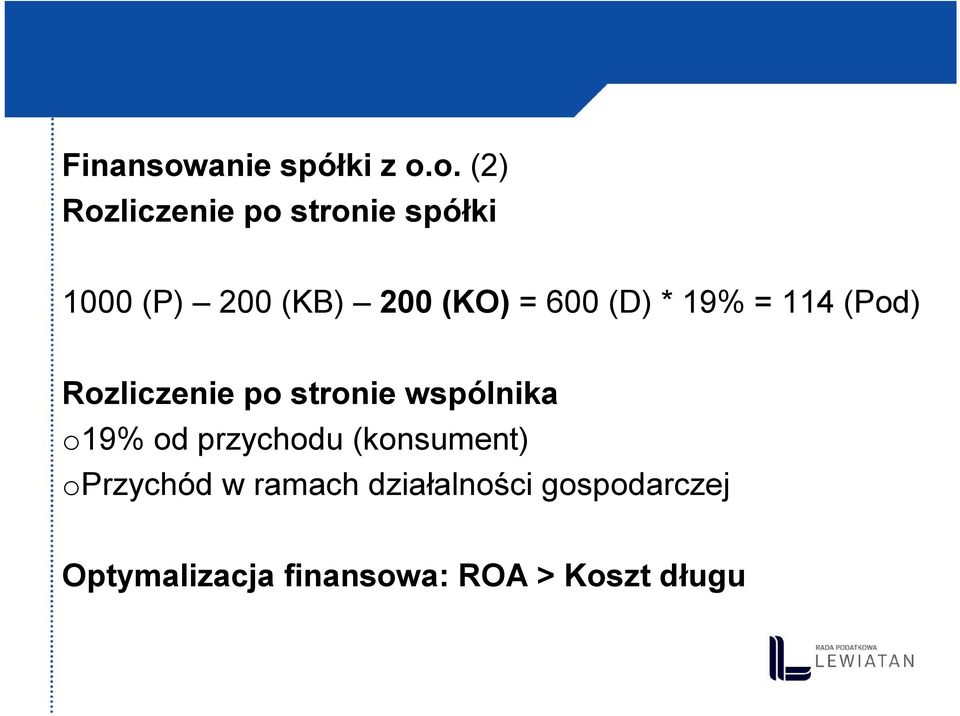 o. (2) Rozliczenie po stronie spółki 1000 (P) 200 (KB) 200 (KO) =