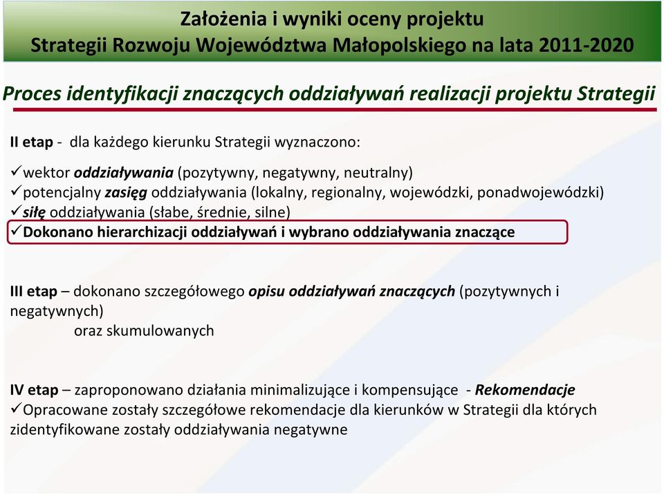 oddziaływańi wybrano oddziaływania znaczące III etap dokonano szczegółowego opisu oddziaływańznaczących(pozytywnych i negatywnych) oraz skumulowanych IV etap zaproponowano