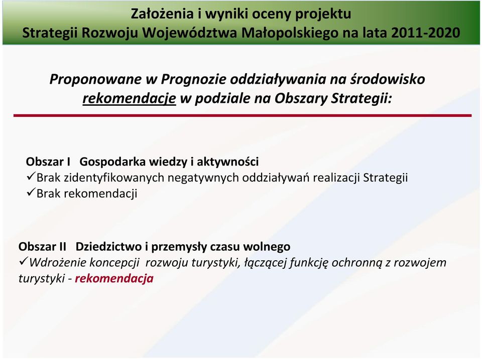 oddziaływań realizacji Strategii Brak rekomendacji Obszar II Dziedzictwo i przemysły czasu