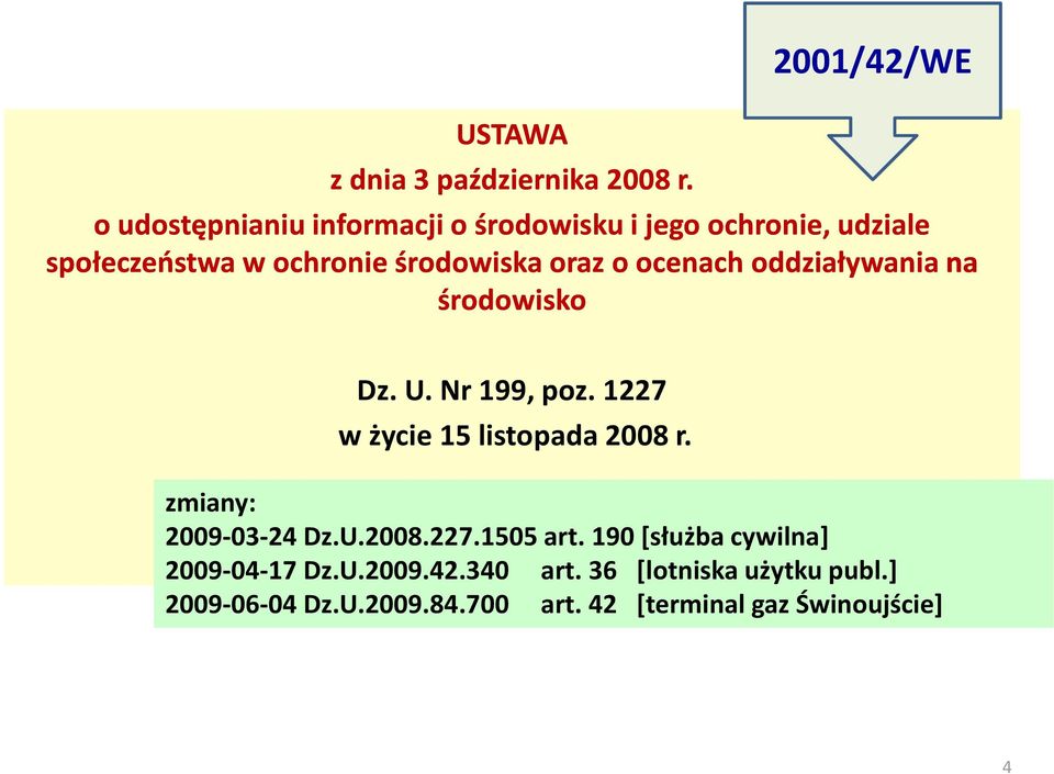 środowiska oraz o ocenach oddziaływania na środowisko Dz. U. Nr 199, poz. 1227 w życie 15 listopada 2008 r.