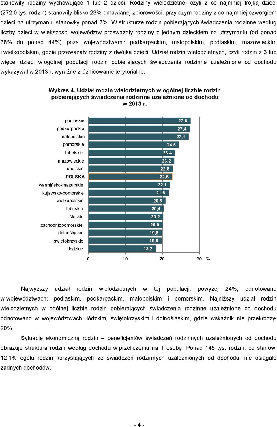 W strukturze rodzin pobierających świadczenia rodzinne według liczby dzieci w większości województw przeważały rodziny z jednym dzieckiem na utrzymaniu (od ponad 38% do ponad 44%) poza województwami: