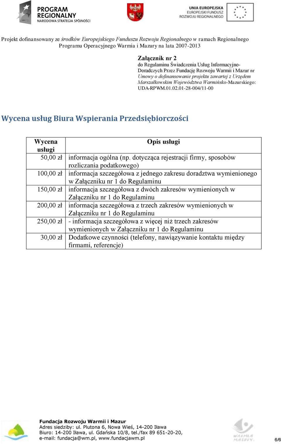 dotycząca rejestracji firmy, sposobów rozliczania podatkowego) 100,00 zł informacja szczegółowa z jednego zakresu doradztwa wymienionego w Załączniku nr 1 do Regulaminu 150,00 zł informacja