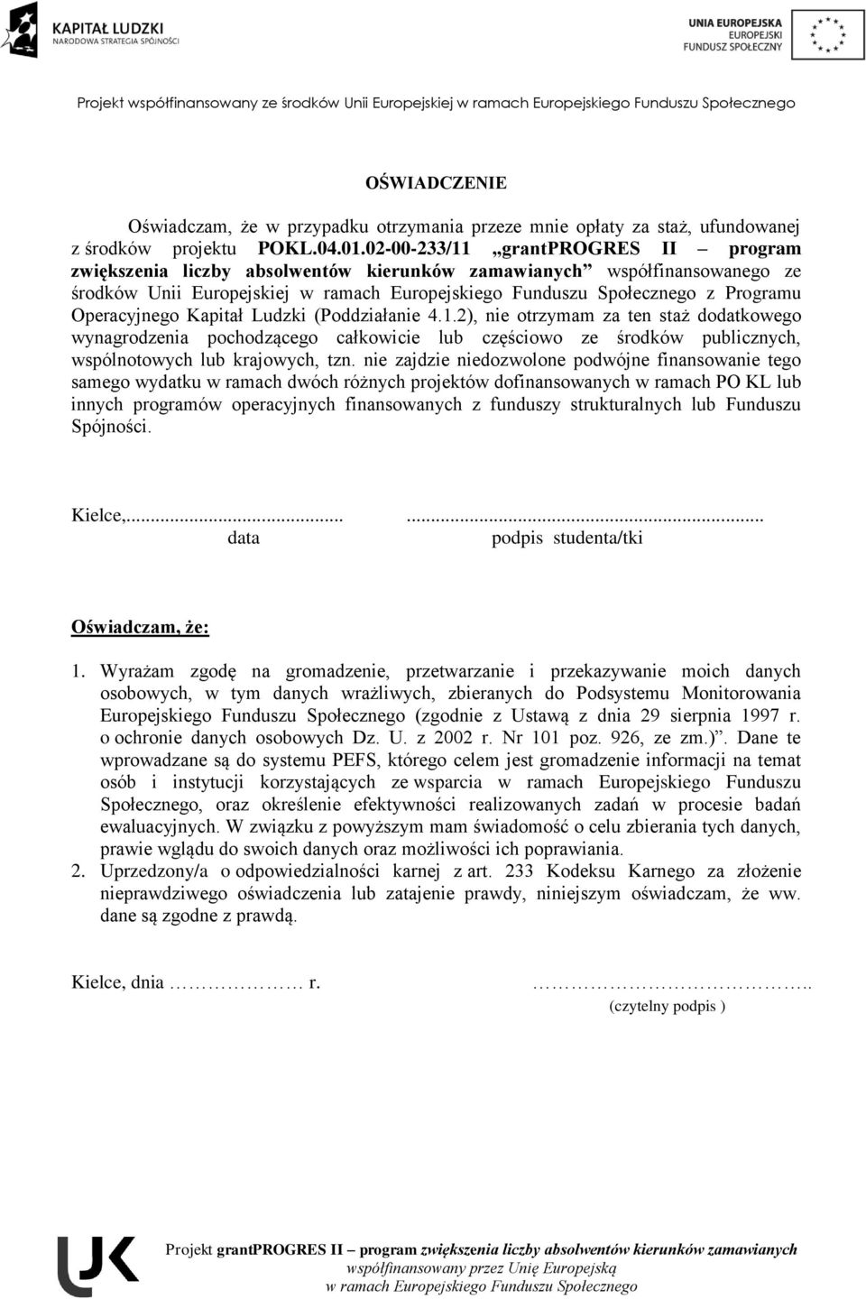 nie zajdzie niedozwolone podwójne finansowanie tego samego wydatku w ramach dwóch różnych projektów dofinansowanych w ramach PO KL lub innych programów operacyjnych finansowanych z funduszy