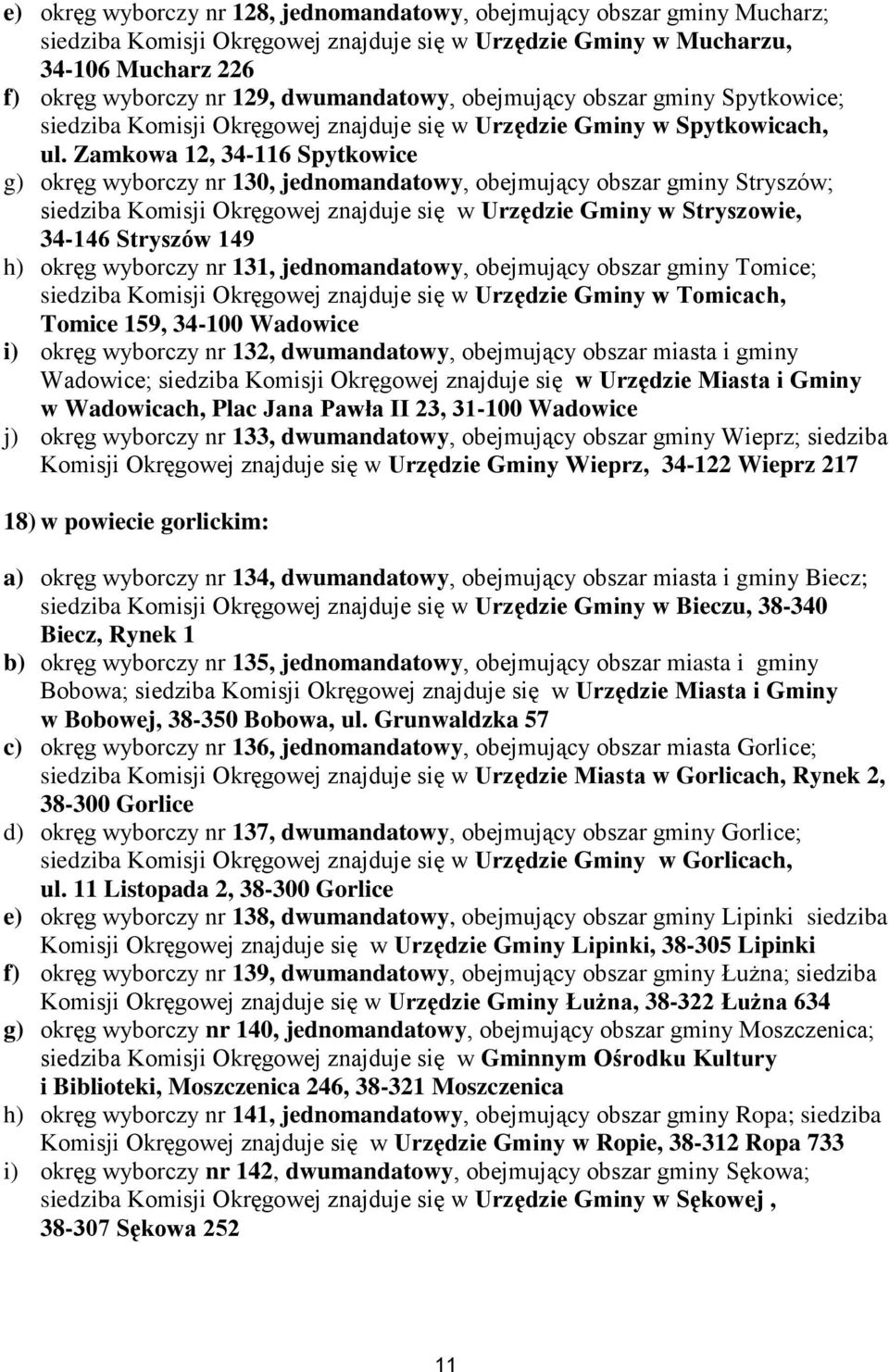 Zamkowa 12, 34-116 Spytkowice g) okręg wyborczy nr 130, jednomandatowy, obejmujący obszar gminy Stryszów; siedziba Komisji Okręgowej znajduje się w Urzędzie Gminy w Stryszowie, 34-146 Stryszów 149 h)