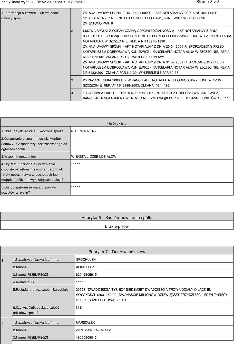 SPORZĄDZONY PRZED NOTARIUSZEM DOBROSŁAWĄ KUNIEWICZ - KANCELARIA NOTARIALNA W SZCZECINIE, REP. A NR 10975/1996 ZMIANA UMOWY SPÓŁKI - AKT NOTARIALNY Z DNIA 20.04.2001 R.