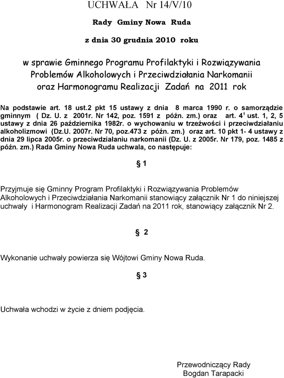 1, 2, 5 ustawy z dnia 26 października 1982r. o wychowaniu w trzeźwości i przeciwdziałaniu alkoholizmowi (Dz.U. 2007r. Nr 70, poz.473 z późn. zm.) oraz art. 10 pkt 1-4 ustawy z dnia 29 lipca 2005r.