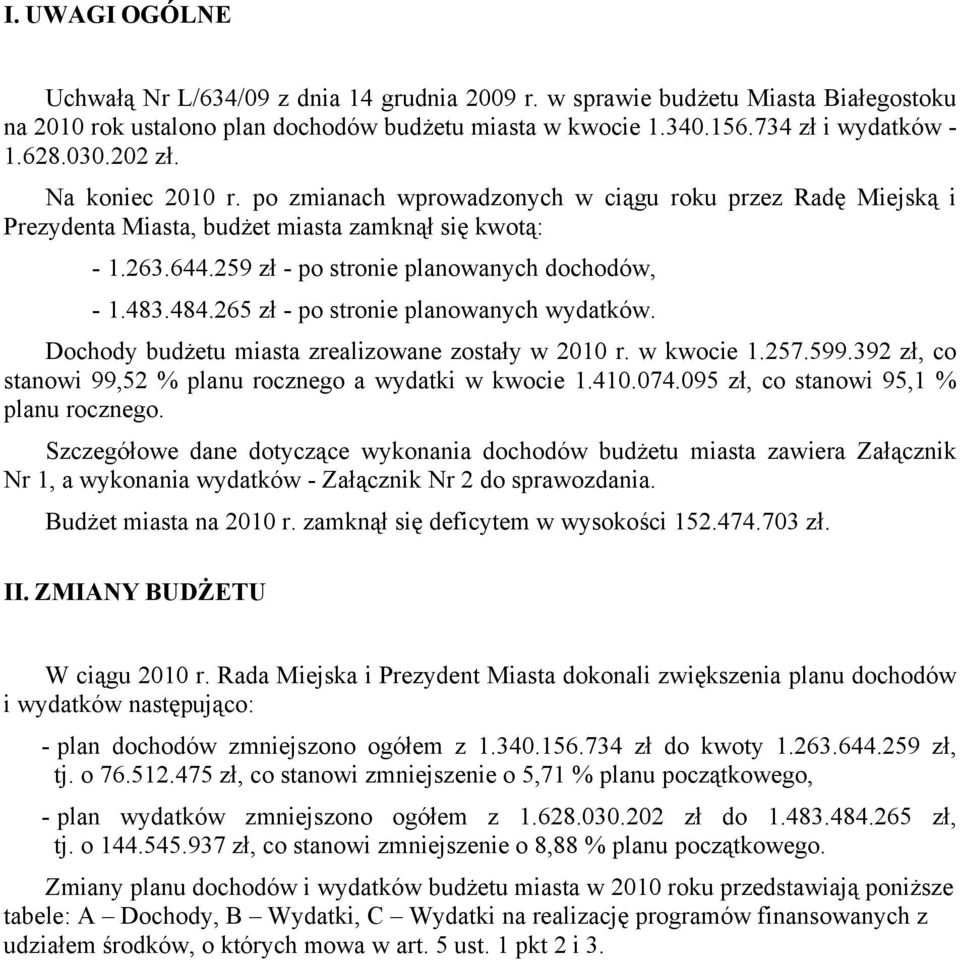 484.265 zł - po stronie planowanych wydatków. Dochody budżetu miasta zrealizowane zostały w 2010 r. w kwocie 1.257.599.392 zł, co stanowi 99,52 % planu rocznego a wydatki w kwocie 1.410.074.