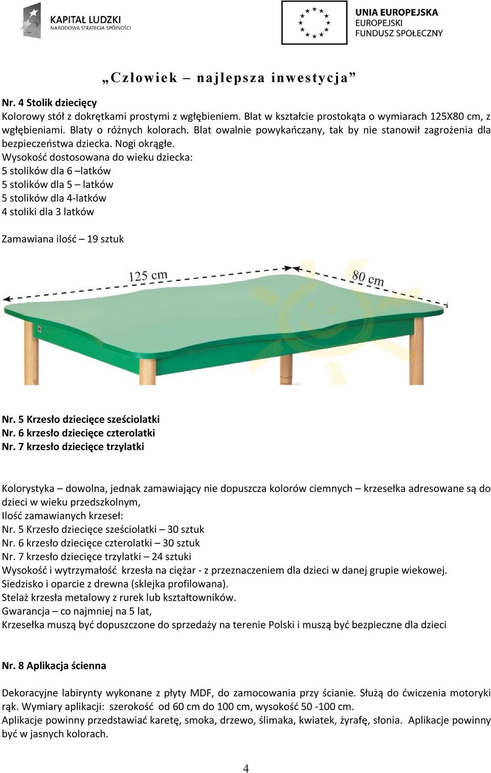 Wysokość dostosowana do wieku dziecka: 5 stolików dla 6 latków 5 stolików dla 5 latków 5 stolików dla 4-latków 4 stoliki dla 3 latków Zamawiana ilość 19 sztuk Nr. 5 Krzesło dziecięce sześciolatki Nr.