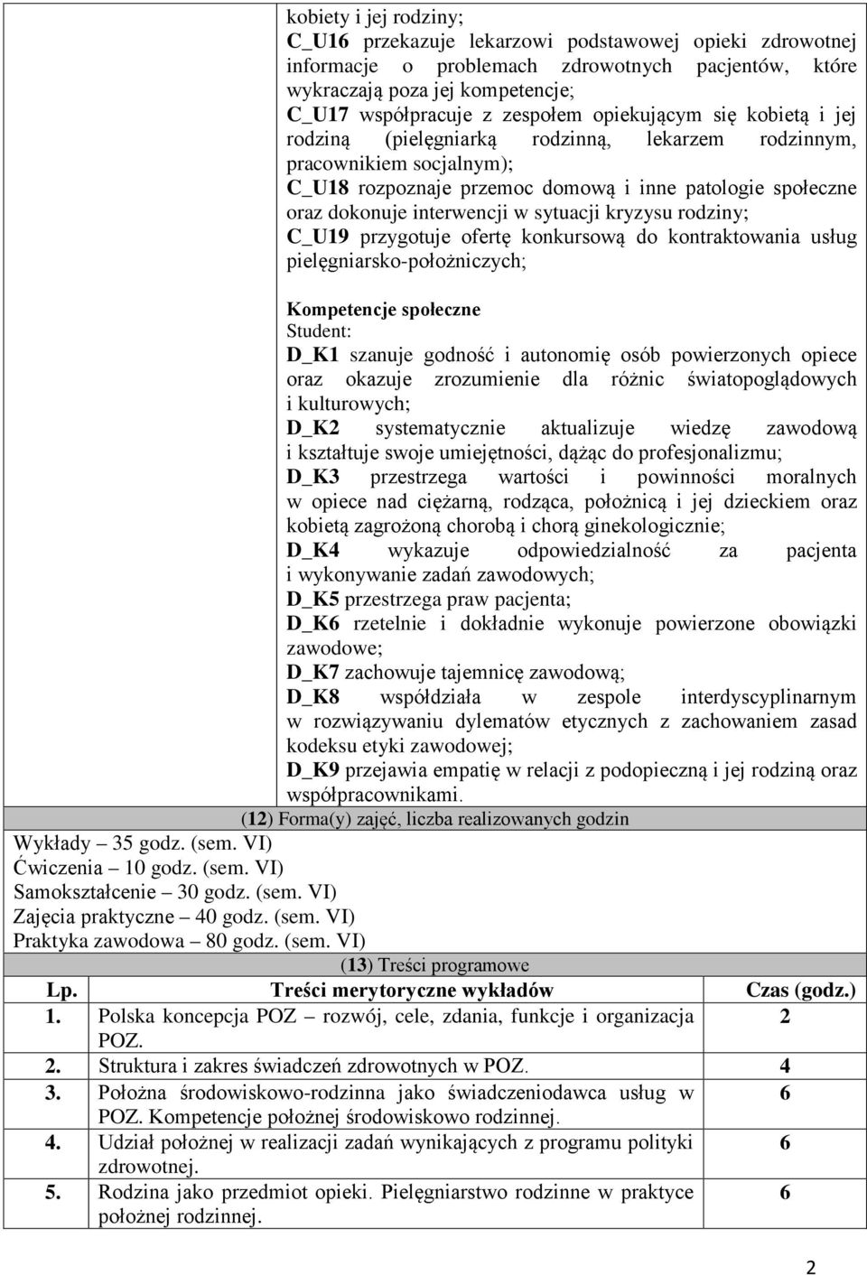 sytuacji kryzysu rodziny; C_U19 przygotuje ofertę konkursową do kontraktowania usług pielęgniarsko-położniczych; Kompetencje społeczne Student: D_K1 szanuje godność i autonomię osób powierzonych