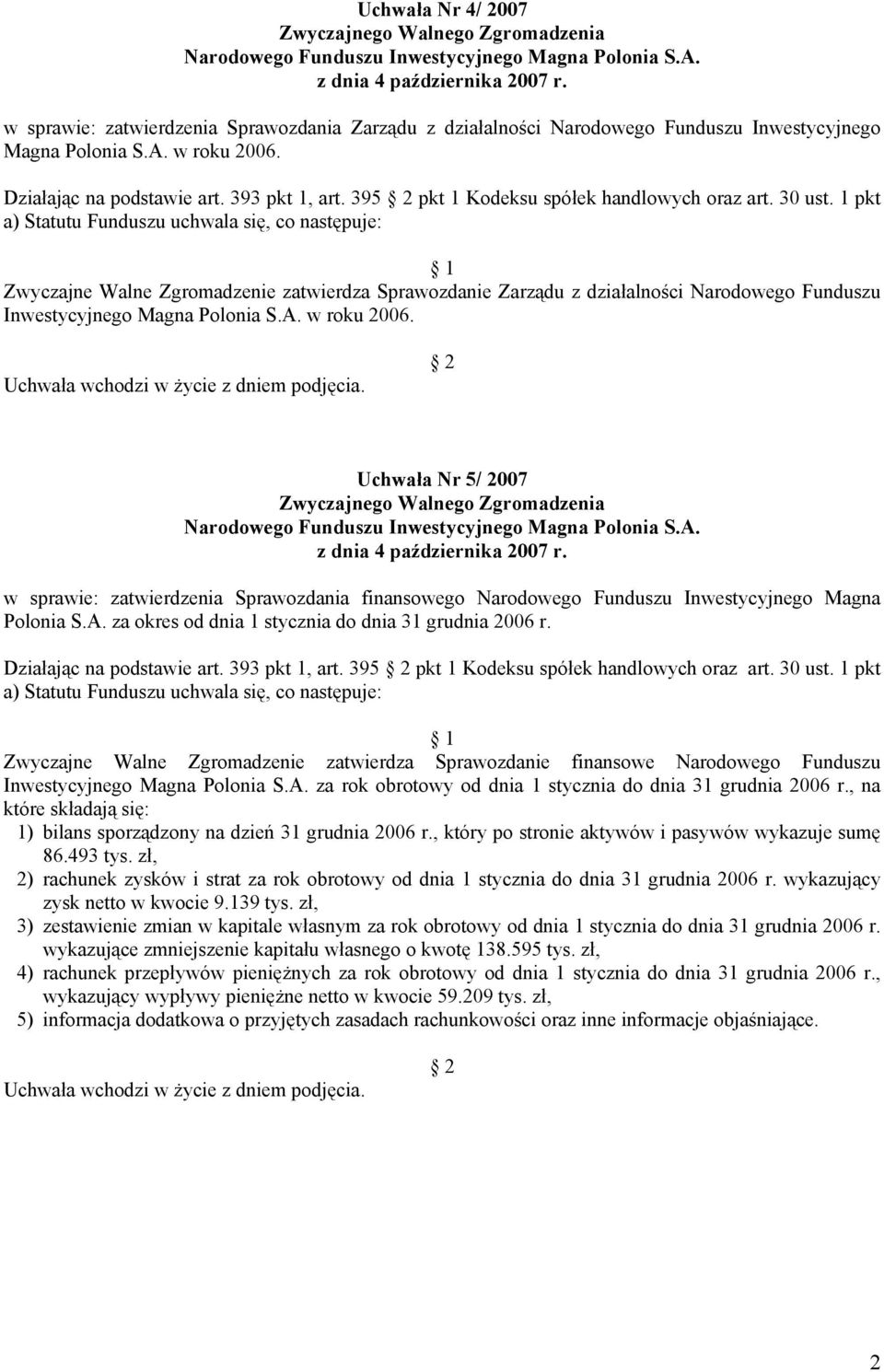 1 pkt a) Statutu Funduszu uchwala się, co następuje: Zwyczajne Walne Zgromadzenie zatwierdza Sprawozdanie Zarządu z działalności Narodowego Funduszu Inwestycyjnego w roku 2006.