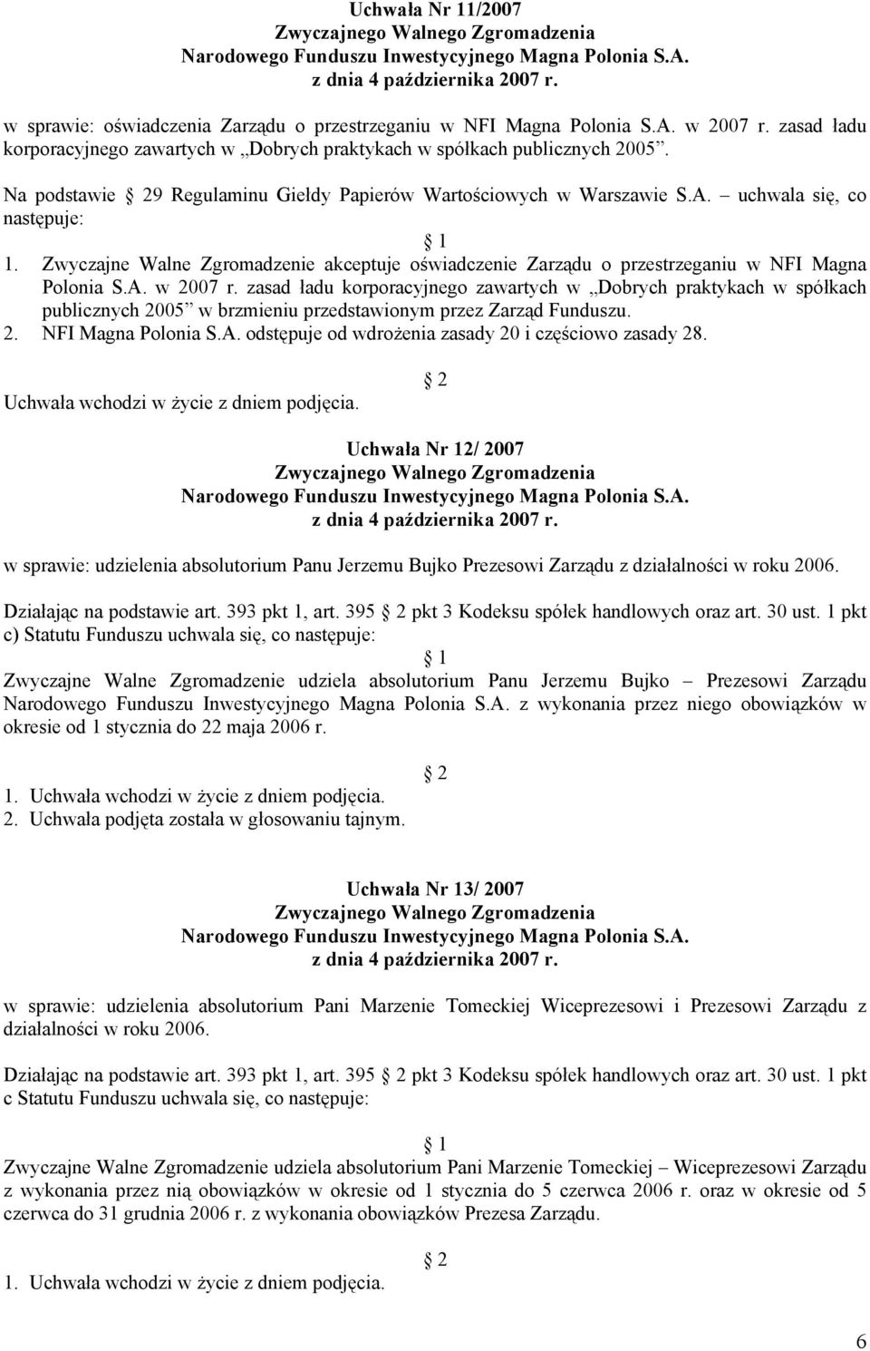 Zwyczajne Walne Zgromadzenie akceptuje oświadczenie Zarządu o przestrzeganiu w NFI Magna Polonia S.A. w 2007 r.