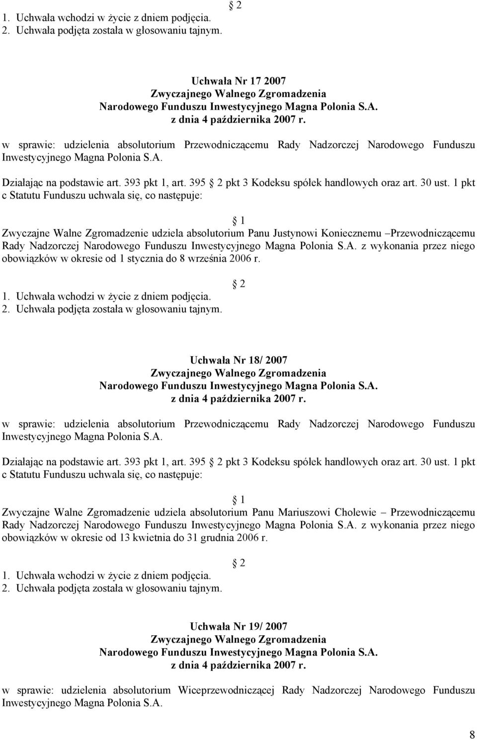 1 pkt Zwyczajne Walne Zgromadzenie udziela absolutorium Panu Justynowi Koniecznemu Przewodniczącemu Rady Nadzorczej z wykonania przez niego obowiązków w okresie od 1 stycznia do 8 września 2006 r.