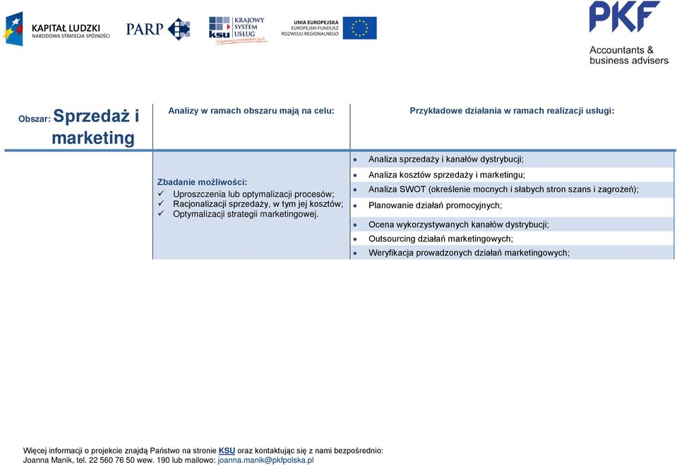 Przykładowe działania w ramach realizacji usługi: Analiza sprzedaży i kanałów dystrybucji; Analiza kosztów sprzedaży i