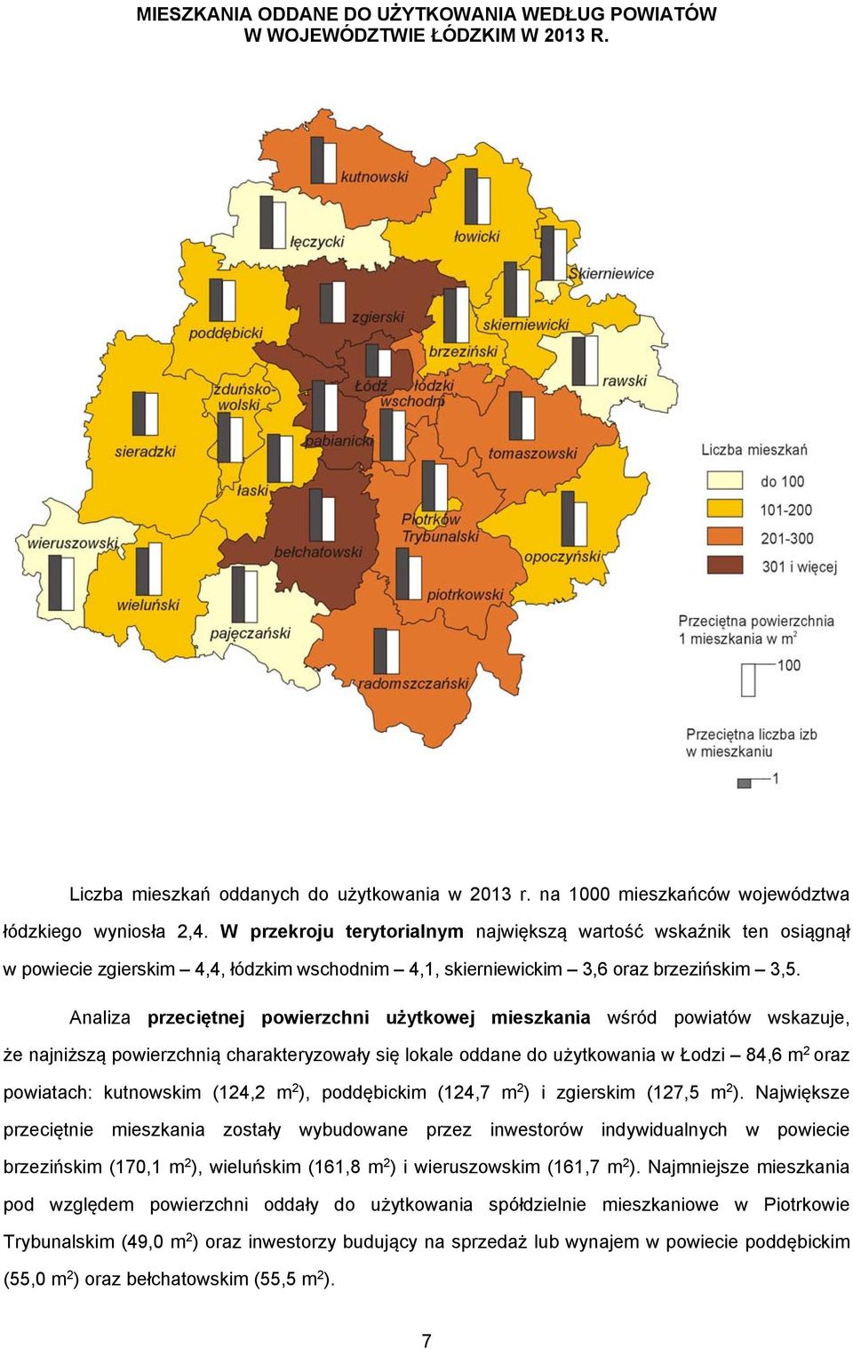 Analiza przeciętnej powierzchni użytkowej mieszkania wśród powiatów wskazuje, że najniższą powierzchnią charakteryzowały się lokale oddane do użytkowania w Łodzi 84,6 m 2 oraz powiatach: kutnowskim