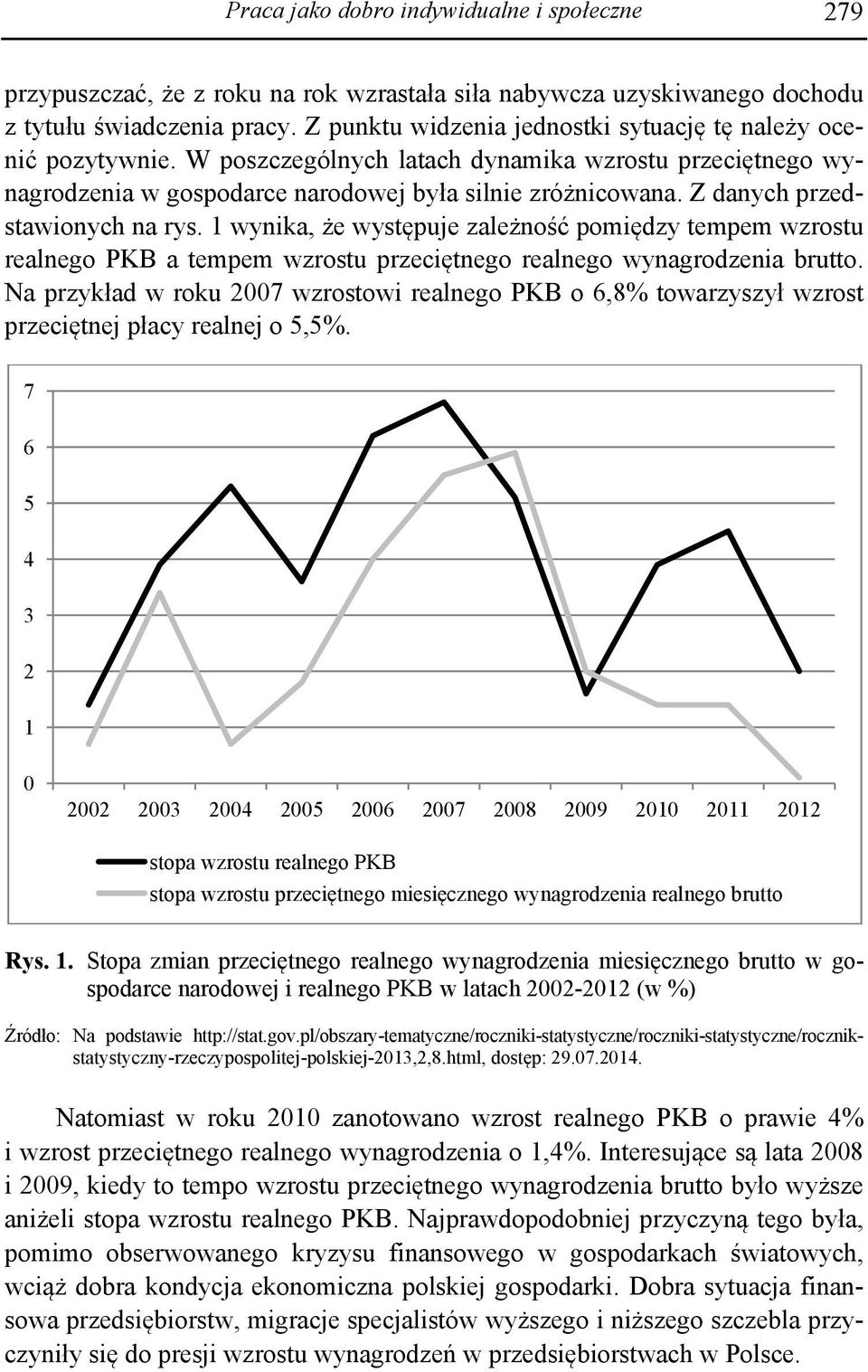 Z danych przedstawionych na rys. 1 wynika, że występuje zależność pomiędzy tempem wzrostu realnego PKB a tempem wzrostu przeciętnego realnego wynagrodzenia brutto.