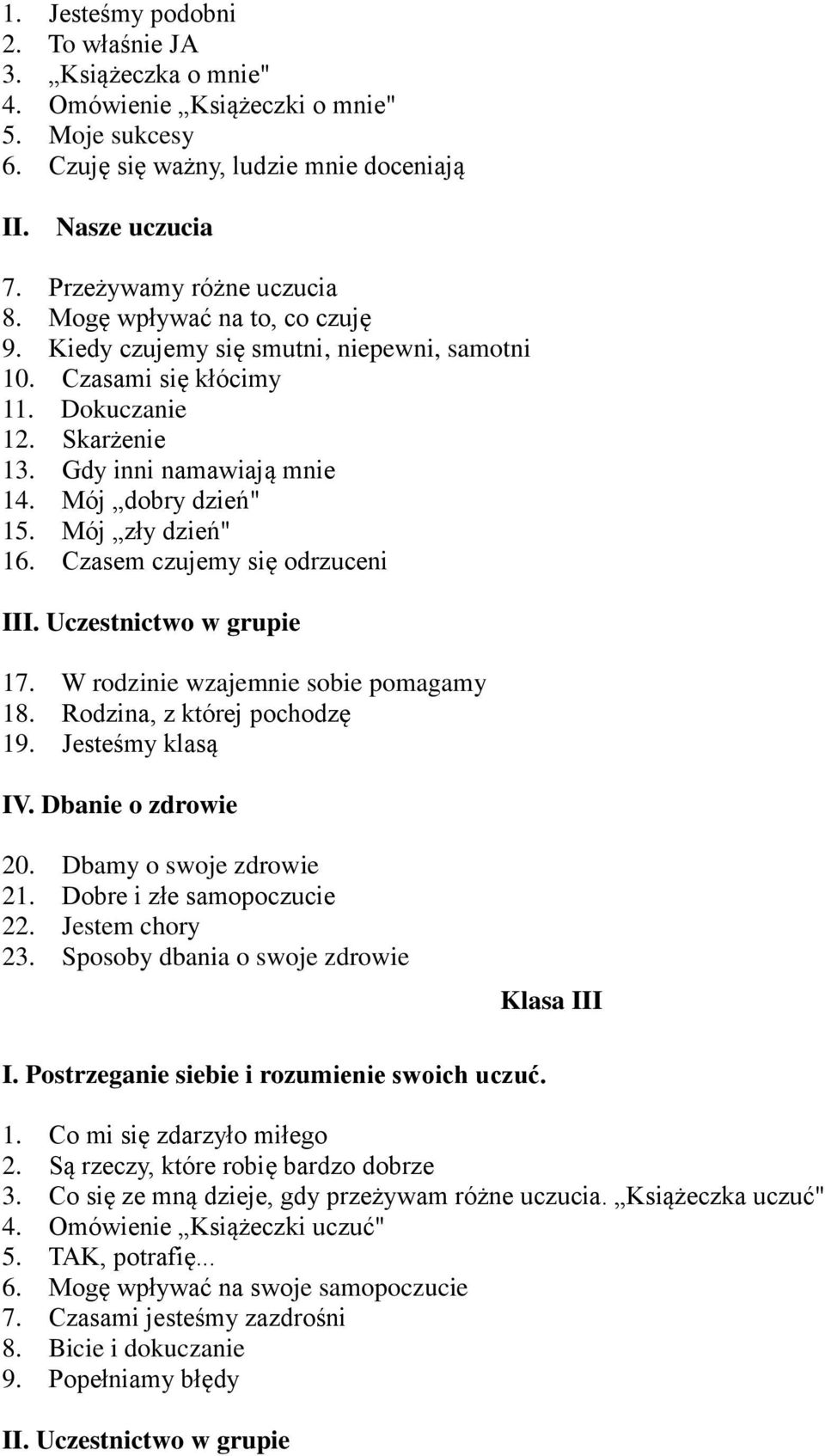 Czasem czujemy się odrzuceni I 17. W rodzinie wzajemnie sobie pomagamy 18. Rodzina, z której pochodzę 19. Jesteśmy klasą IV. Dbanie o zdrowie 20. Dbamy o swoje zdrowie 21. Dobre i złe samopoczucie 22.