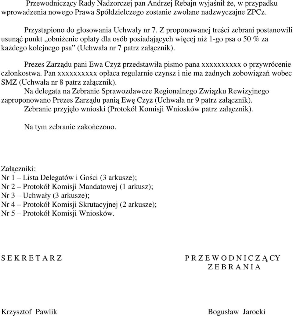 Prezes Zarządu pani Ewa CzyŜ przedstawiła pismo pana xxxxxxxxxx o przywrócenie członkostwa.
