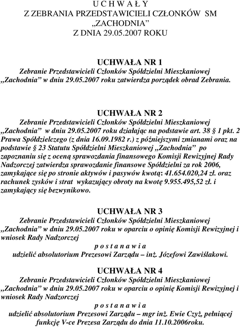 ) z późniejszymi zmianami oraz na podstawie 23 Statutu Spółdzielni Mieszkaniowej Zachodnia po zapoznaniu się z oceną sprawozdania finansowego Komisji Rewizyjnej Rady Nadzorczej zatwierdza