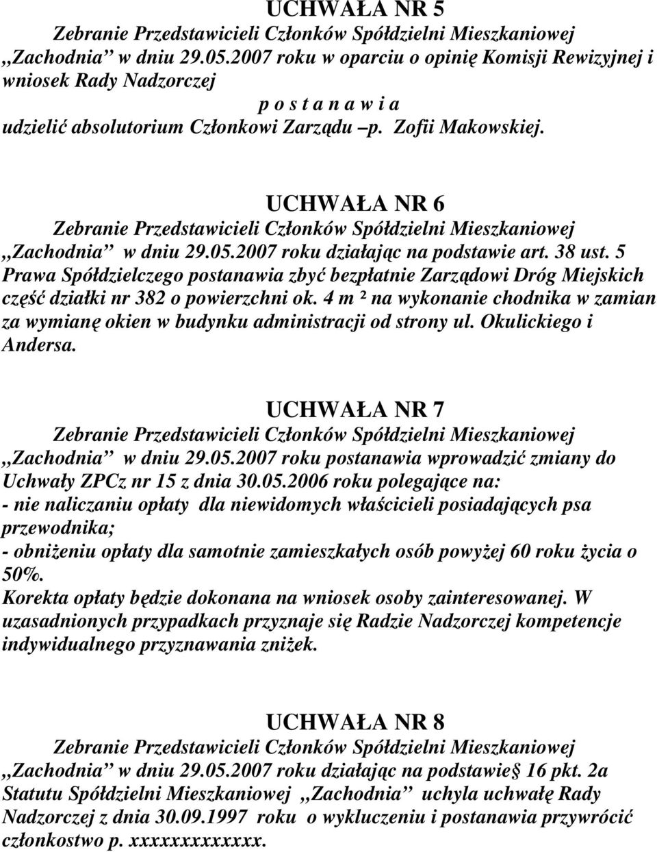4 m ² na wykonanie chodnika w zamian za wymianę okien w budynku administracji od strony ul. Okulickiego i Andersa. UCHWAŁA NR 7 Zachodnia w dniu 29.05.