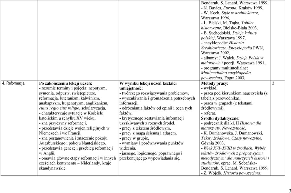 charakteryzuje sytuację w Kościele katolickim u schyłku XV wieku, - zna przyczyny reformacji, - przedstawia dzieje wojen religijnych w Niemczech i we Francji, - zna postanowienia i znaczenie pokoju