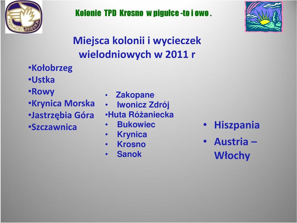 Szczawnica Miejsca kolonii i wycieczek wielodniowych w 2011 r