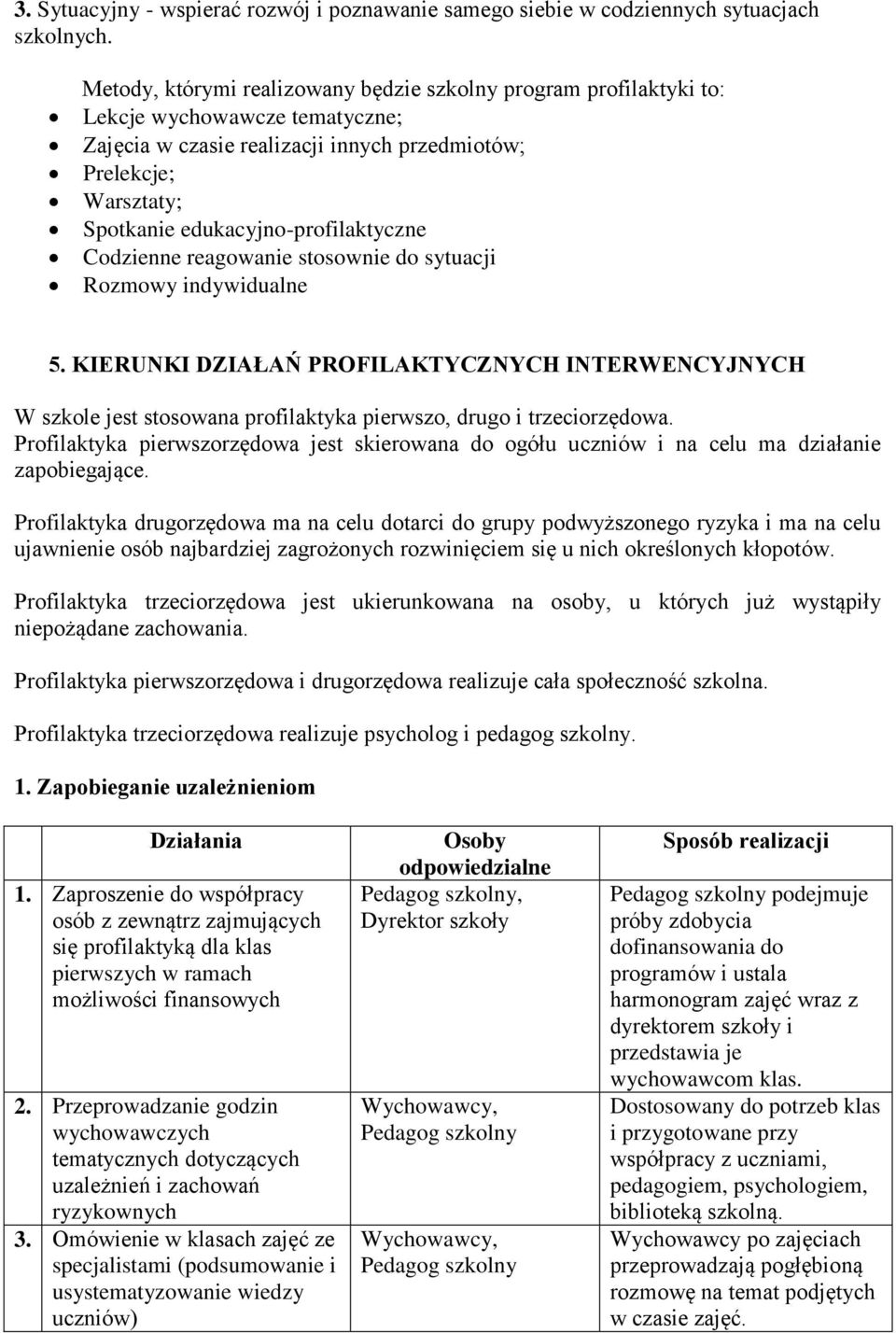 edukacyjno-profilaktyczne Codzienne reagowanie stosownie do sytuacji Rozmowy indywidualne 5.