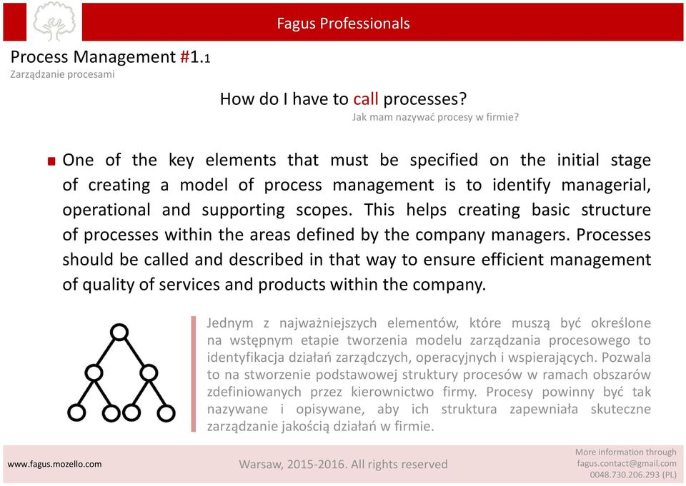 This helps creating basic structure of processes within the areas defined by the company managers.
