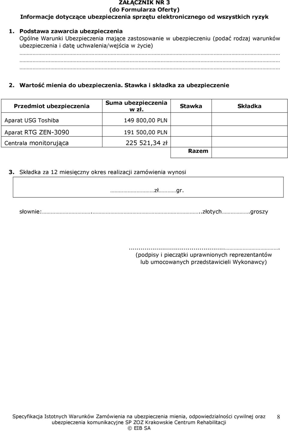 uchwalenia/wejścia w życie) 2. Wartość mienia do ubezpieczenia. Stawka i składka za ubezpieczenie Przedmiot ubezpieczenia Suma ubezpieczenia w zł.