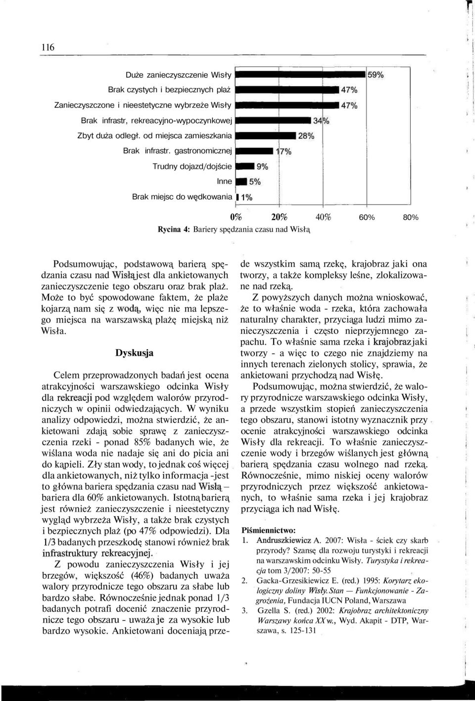 gastronomicznej Trudny dojazd/dojście Inne Brak miejsc do wędkowania 11% 0% 20% 40% Rycina 4: Bariery spędzania czasu nad Wisłą 60% 80% Podsumowując, podstawową barierą spędzania czasu nad Wisłą jest