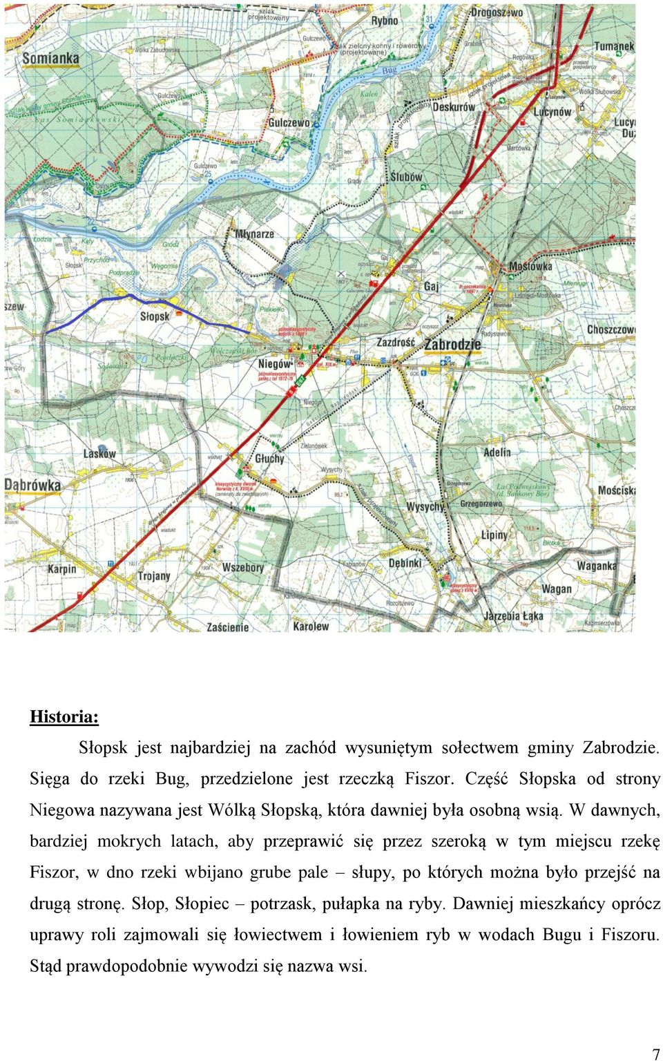 W dawnych, bardziej mokrych latach, aby przeprawić się przez szeroką w tym miejscu rzekę Fiszor, w dno rzeki wbijano grube pale słupy, po których