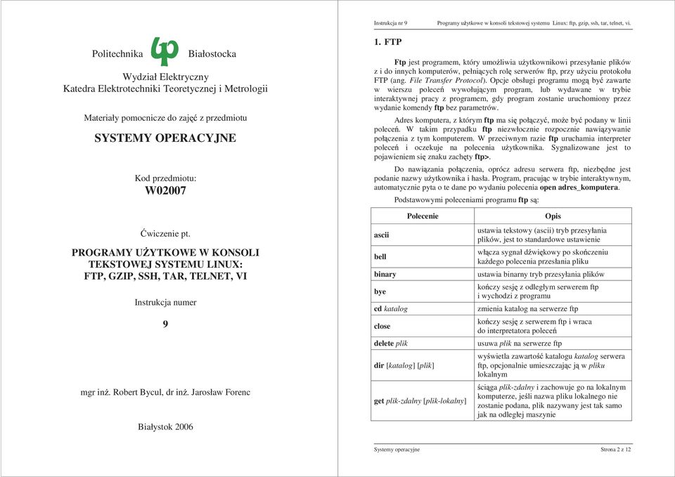 Opcje obsługi programu mog by zawarte w wierszu polece wywołuj cym program, lub wydawane w trybie interaktywnej pracy z programem, gdy program zostanie uruchomiony przez wydanie komendy ftp bez