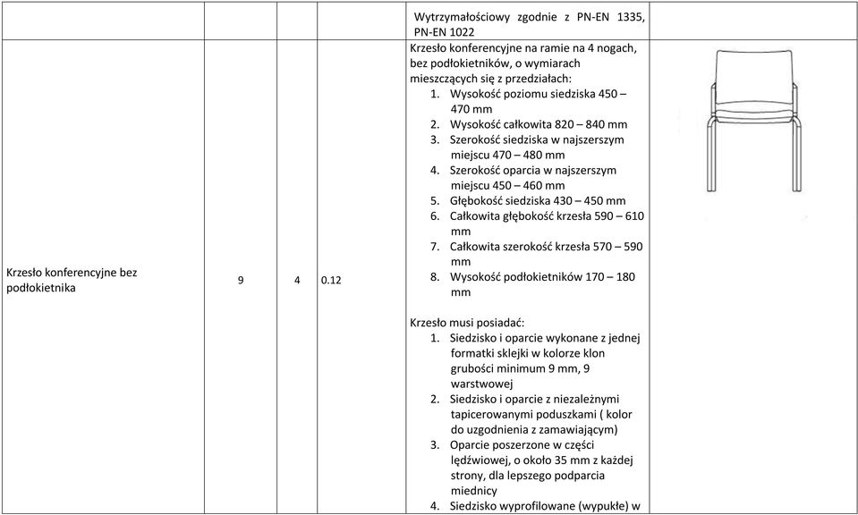 Wysokość poziomu siedziska 450 470 mm 2. Wysokość całkowita 820 840 mm 3. Szerokość siedziska w najszerszym miejscu 470 480 mm 4. Szerokość oparcia w najszerszym miejscu 450 460 mm 5.