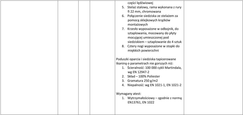 Cztery nogi wyposażone w stopki do miękkich powierzchni Poduszki oparcia i siedziska tapicerowane tkaniną o parametrach nie gorszych niż: 1.