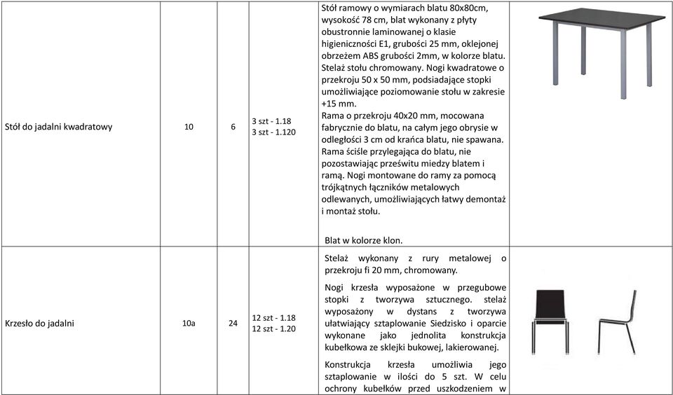 blatu. Stelaż stołu chromowany. Nogi kwadratowe o przekroju 50 x 50 mm, podsiadające stopki umożliwiające poziomowanie stołu w zakresie +15 mm.