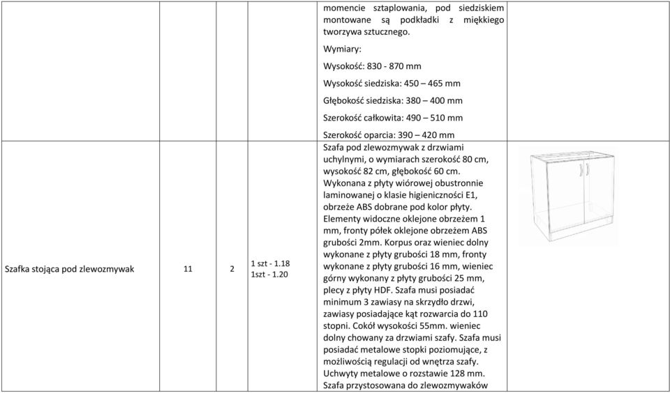 o wymiarach szerokość 80 cm, wysokość 82 cm, głębokość 60 cm. Wykonana z płyty wiórowej obustronnie laminowanej o klasie higieniczności E1, obrzeże ABS dobrane pod kolor płyty.